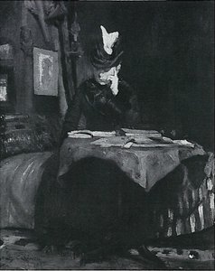 Dama leyendo en la mesa de Lovis Corinth